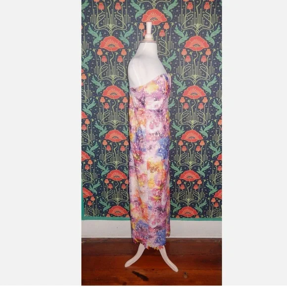 Belle Badgley Mischka Stella Rainbow Pastel Strapless Lace Long Dress Nwt 8